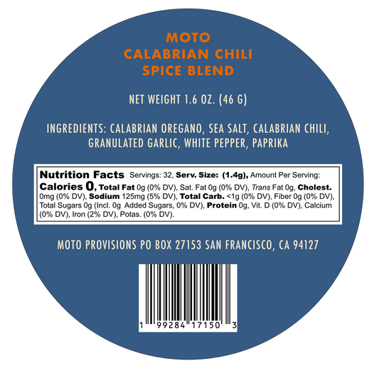Moto Calabrian Chili Spice Blend label with ingredients, nutrition facts, bar code, and address